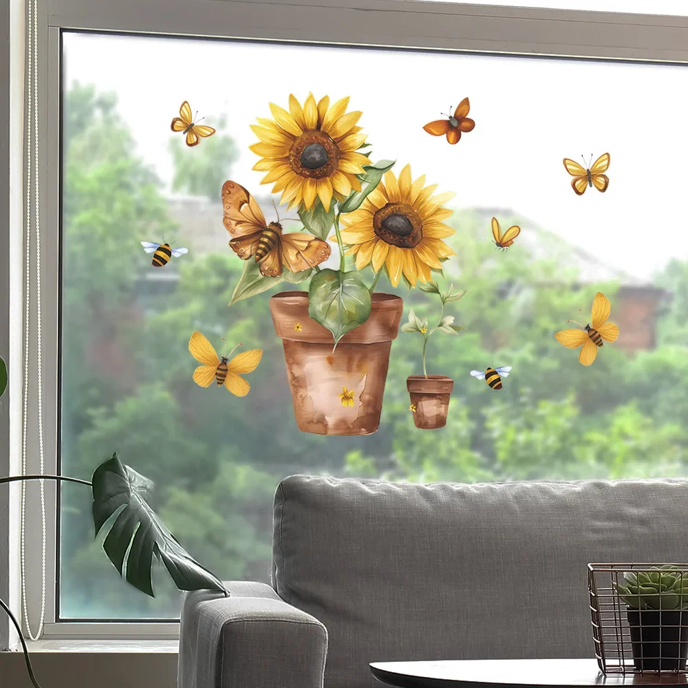 1PCS Creative Potted Sunflower Butterfly Glass Window Home Landscaping Decoration Electrostatic Uv Window Sticker