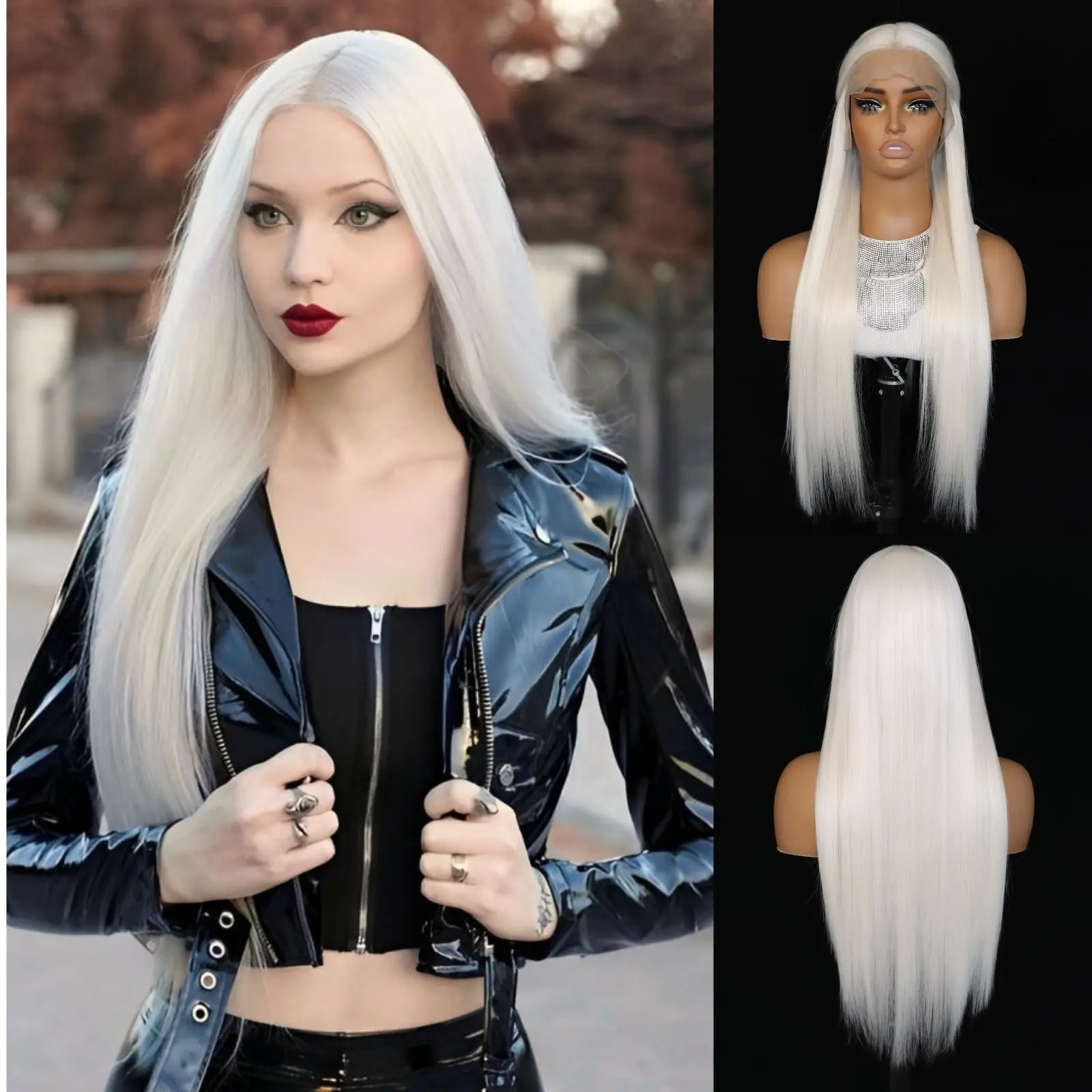 White Synthetic Lace Front Wig Long Straight Platinum Snow White13×4 Lace Front Wig Pre Plucked Natural Hairline Wig(24Inch)