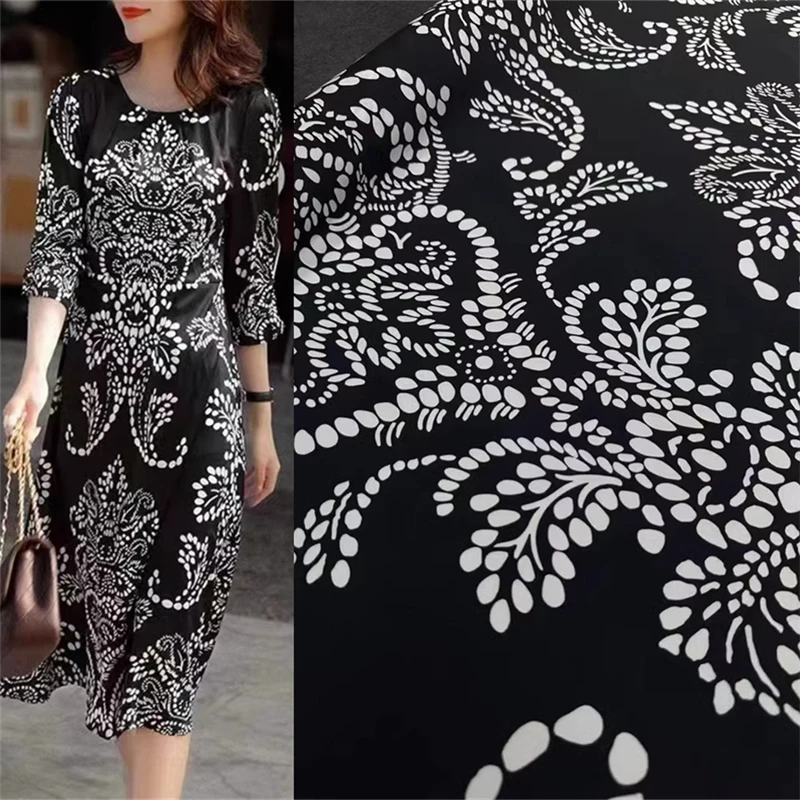 

Black Printed Heavy Weight 30m/m Elastic Heavy Crepe Shirt Dress Luxury Mulberry Silk Fabric Household Sewing Textiles By Meter