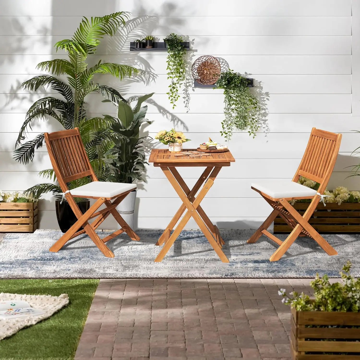 Outdoor 3 Piece Folding Patio Bistro Set Acacia Wood Bistro Table and Chairs Set of 2 for Garden Poolside Backyard Balcony Porch