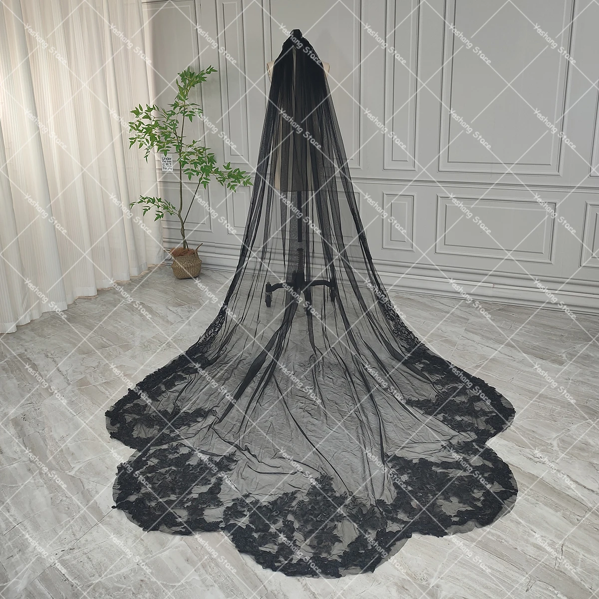 

Black Cathedral Embroidered Bridal Veils Whimscial One Tier Tulle Made To Order Appliqued Trim Long Wedding Veil With Comb