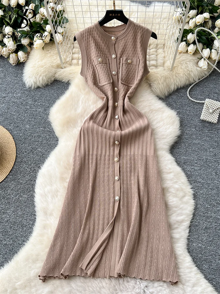 SINGREINY Senior Office Lady Dress O Neck Sleeveless Single Breasted Chic Elastic Waist Slim Sundress High Quality Knitted Dress 4