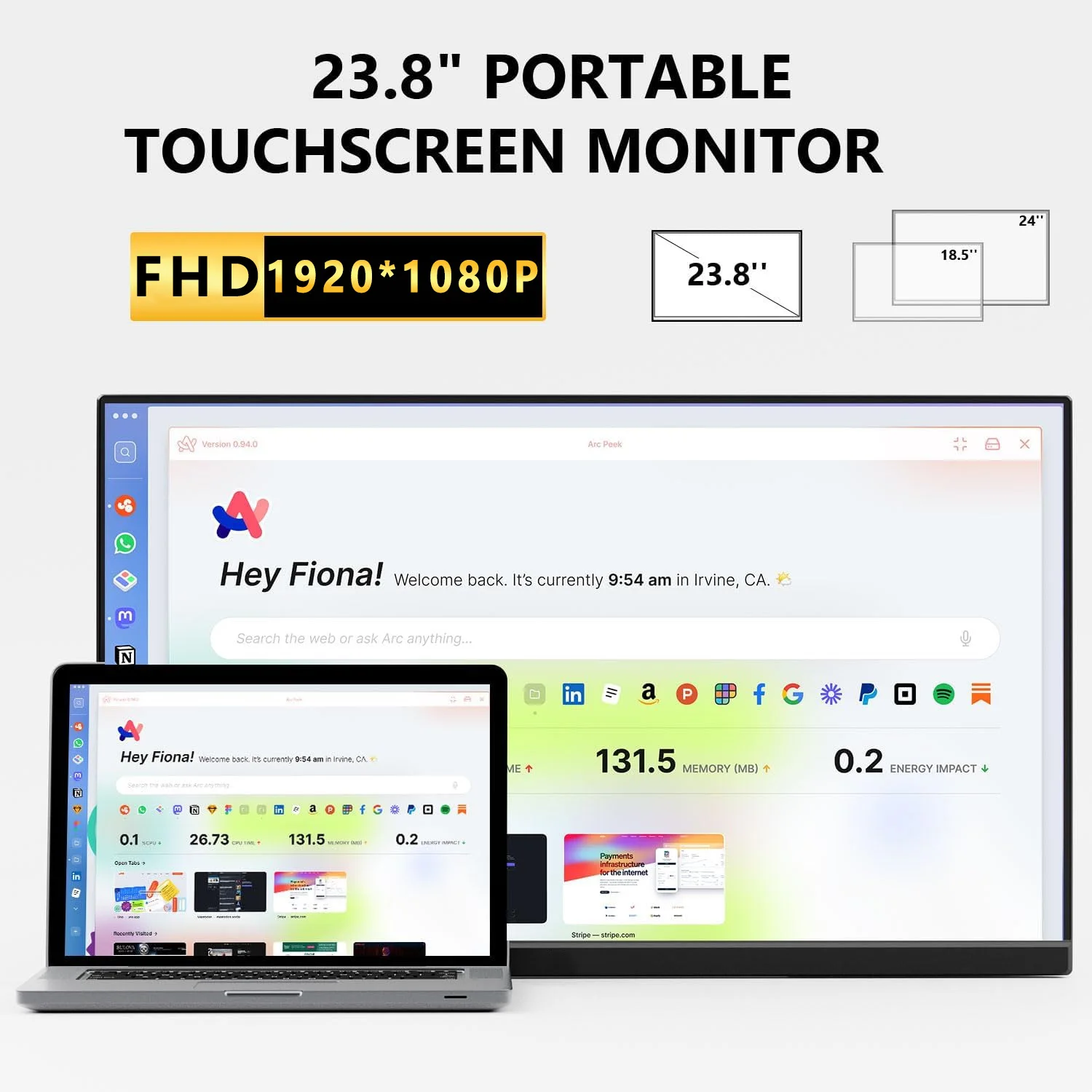 AHXJKA 23.8인치 120HZ 휴대용 터치 모니터 1920*1080P FHD IPS는 휴대폰 노트북 PS4/5용 Type-C 미니 HDMI와 원라인 연결 가능