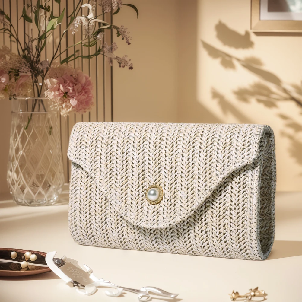 Women Straw Woven Bag Fashion Shoulder Bag Chain Strap Straw Clutch Purse Pearl Decor Stylish Crossbody Bag Outdoor Travel Bag