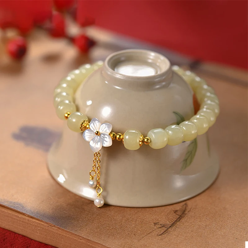 Perle Pfirsich Kirschblüte Blume Armband für Frauen Handgewebtes Seil Armband Quasten Luxus Mode Hetian Jade Schmuck Geschenk