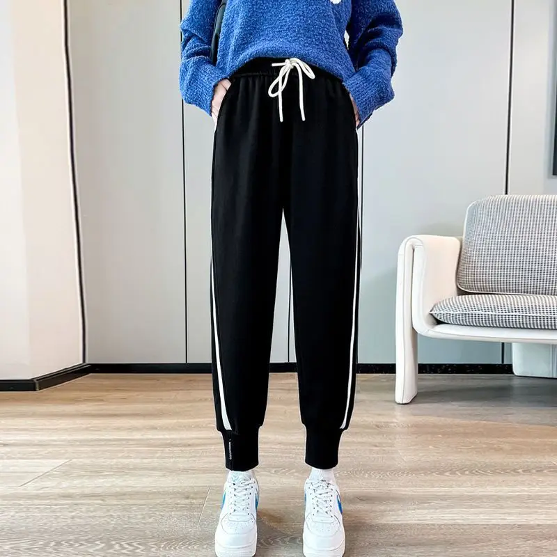 Spring Summer Casual Striped Spliced Solid Color Female Sports Pants Fashion Thin Elastic High Waist Trousers Women's Clothing