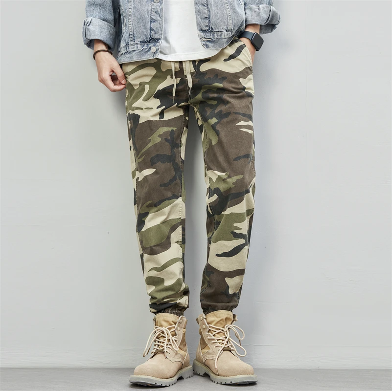 Men's Camouflage Cargo Pants Drawstring Khaki Tactical Trousers Regular Fit Hiking Pants Breathable Cotton Fishing Trousers