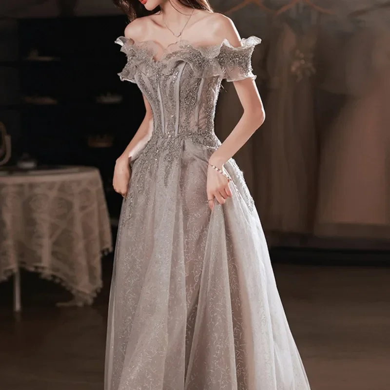 Elegant Gray Flowers Evening Dress Off Shoulder Shiny A-line Ruched Lace Up Woman Formal Party Prom Gowns New vestido de festa