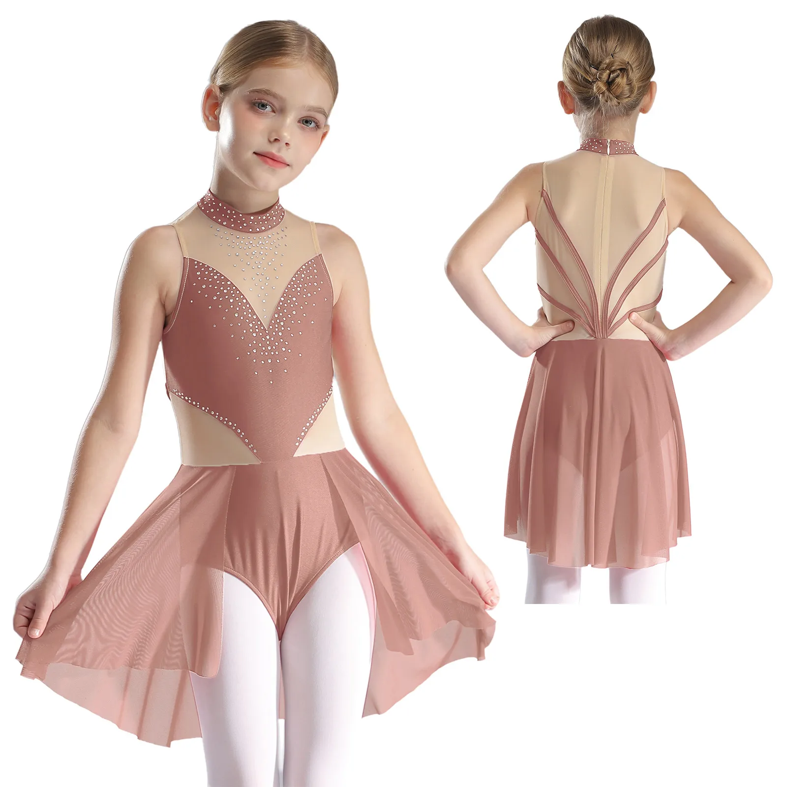 thumbnail image 1 of Niños Niñas patinaje artístico Ballet danza lírica disfraz de actuación diamantes de imitación brillantes malla transparente leotardo con falda Ropa de baile, 1 of 5