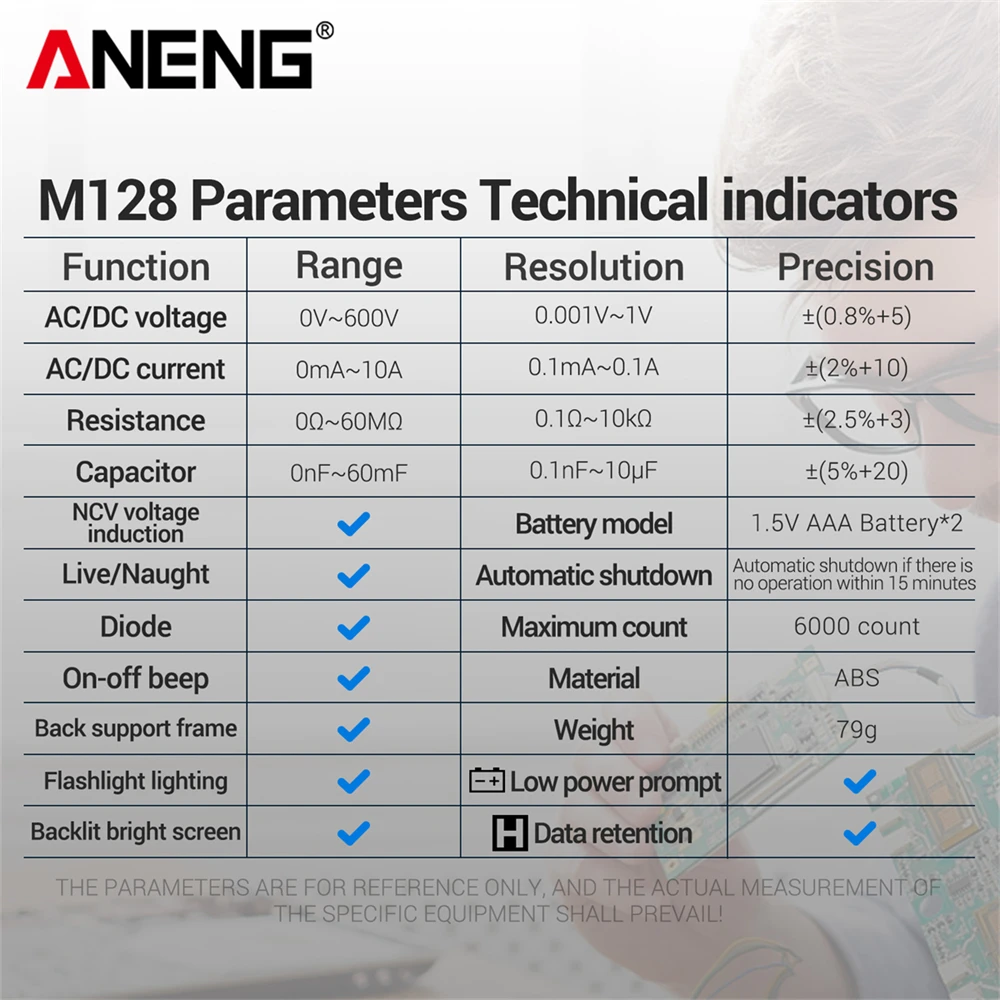 다기능 미니 멀티미터 ANENG M128 6000 카운트 AC/DC 전압 전류 저항 커패시터 NCV 전압 유도 테스터 도구