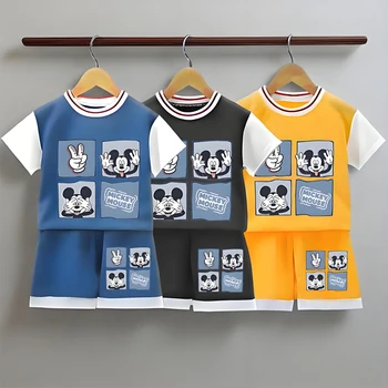 Paw Patrol Summer Breathable Boys Tshirt Sets Mickey Children's Short Sleeve Top Shorts Two Piece Set Kids Casual Outfits
