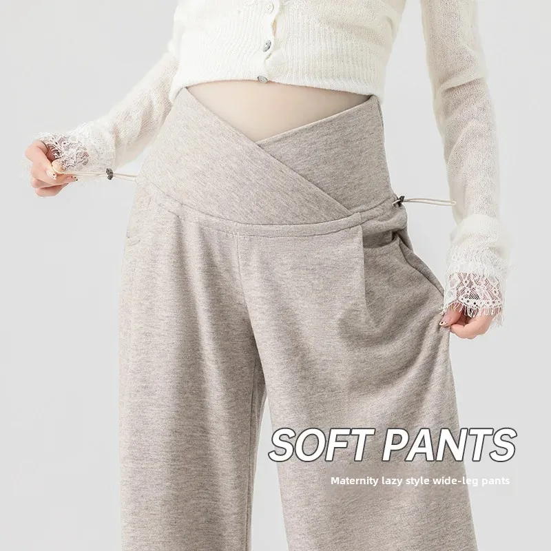 Korean Style Pregnancy Pants Soft Slim Fit Bell Bottoms Low Waist Side Drawstring Support Belly Pants For Expecting Mothers maternity pants