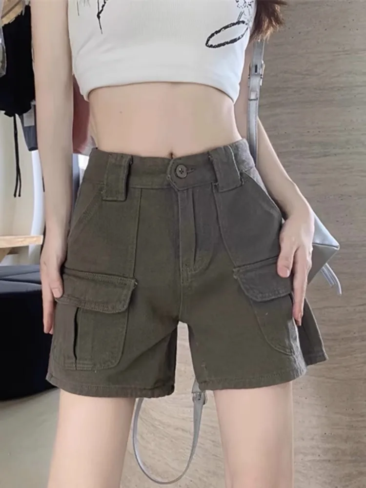 HOUZHOU Vintage Y2K Cargo Denim Shorts Women Baggy Short Jeans Casual Korean Fashion Wide Pockets Female Streetwear Summer Pants