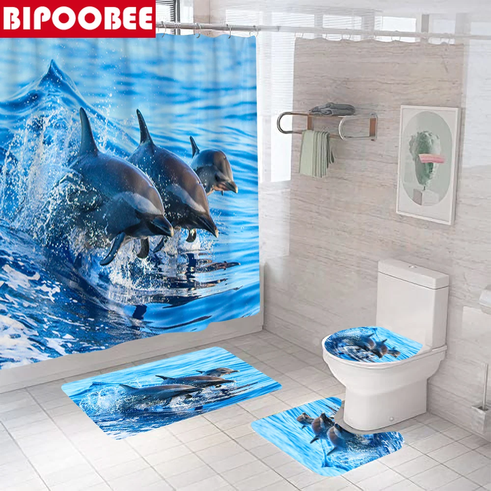 Ocean Dolphin Shower Curtain Modern Bathroom Curtains 3D Print Bath Mat