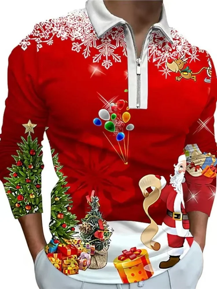 

Men's Christmas 3D style Graphic long sleeve POLO shirt Fresh street casual fashion men's lapel comfortable soft top