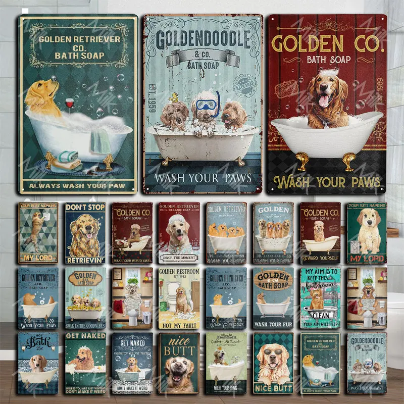 

Funny Golden Retriever Dog Metal Tin Sign Poster Room Kitchen Bathroom Toilet Pet Shop Home Garage Bedroom Art Wall Decoration