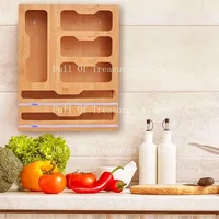 Bamboo Organizer Food Film Dispenser Wrap Dispenser with Cutter Storage Box Aluminum Foil Stretch Film Cutter Kitchen Accessorie 2