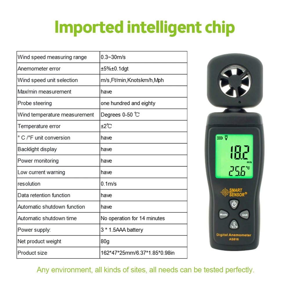 SMART SENSOR AS816 Digital Anemometer Air Flow Wind Speed Gauge Meter 0.3-30M/S