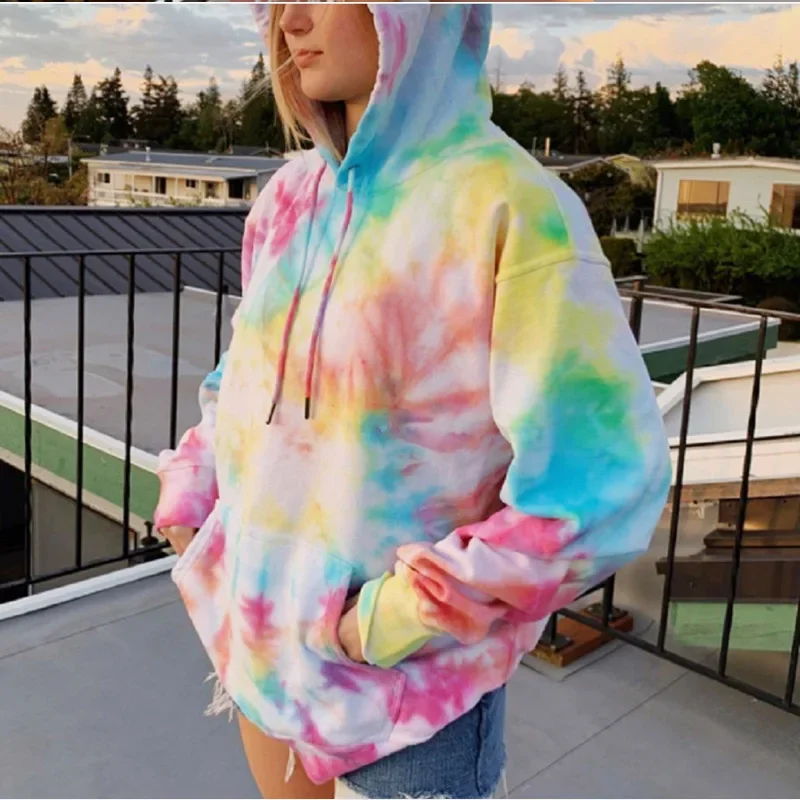 Women Tie Dye Long Sleeve Ladies Hoodie Drawstring 2023 Fall/Winter Ladies Hooded New Loose Casual Sweatshirt Ladies Pullover