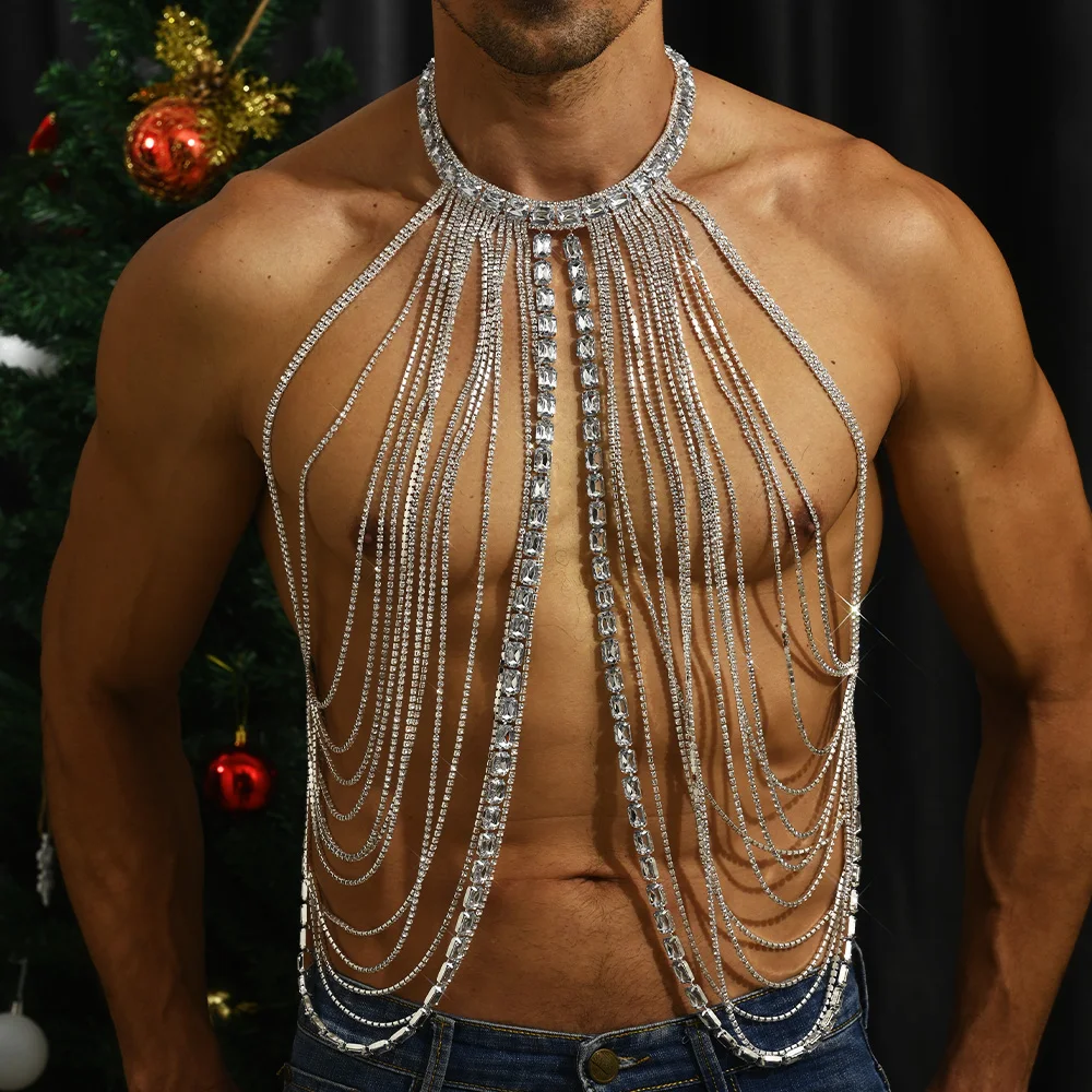 

Stonefans Square Rhinestone Men Chest Jewelry Party Body Accessories 2023 Multirow Crystal Top Sexy Bra Chain Harness Christmas