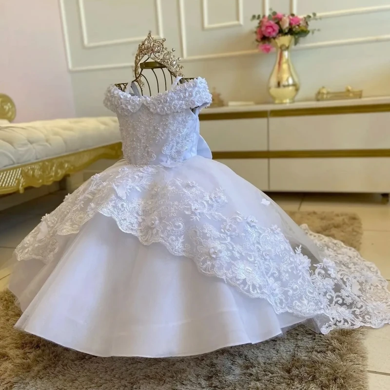 

Flower Girl Dress White Flory Appliques Pearls With Bow And Tailing Sleeveless For Wedding Birthday Banquet Gowns