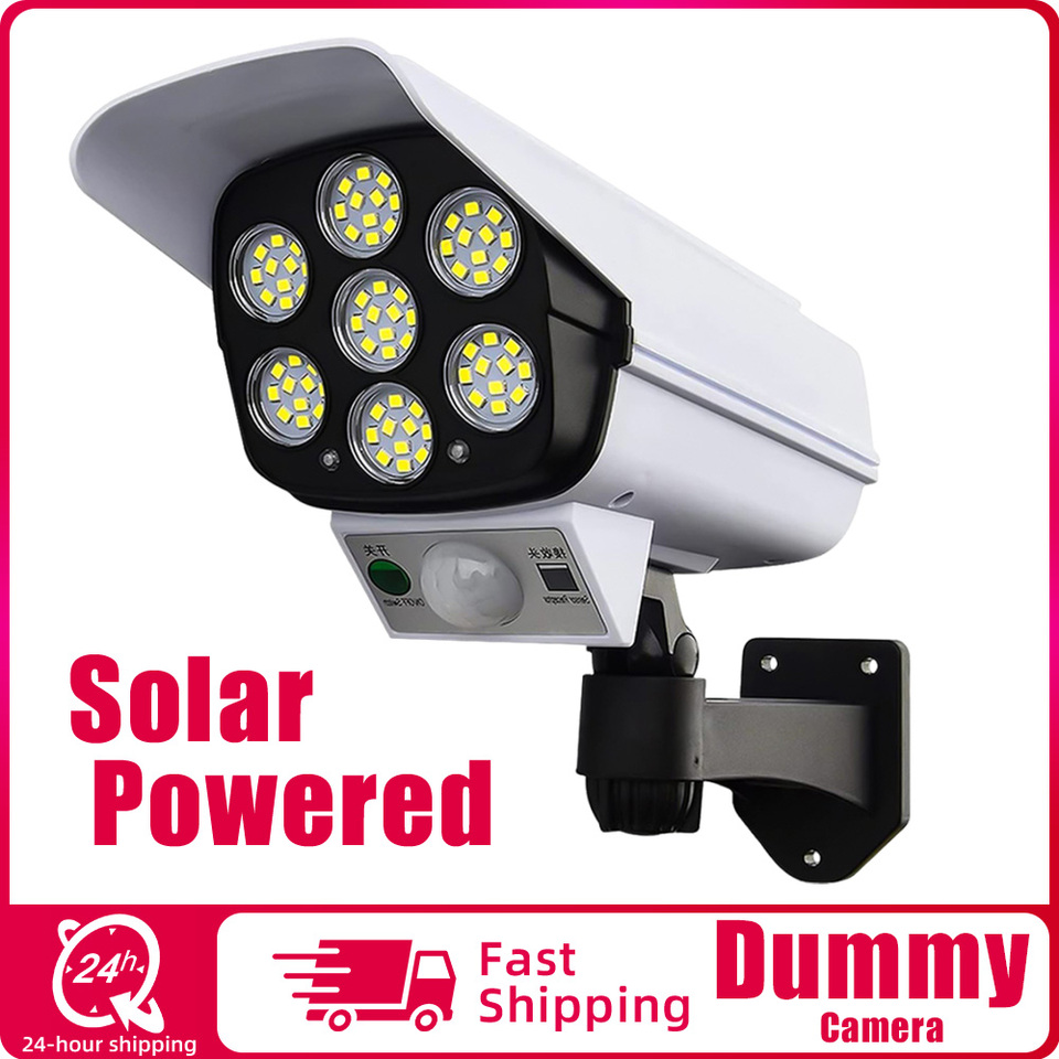 Outdoor Motion Sensor Solar Lights 77 LED FloodLight Waterproof Wireless Dummy Decoy Fake Security Camera for Porch Garden Patio