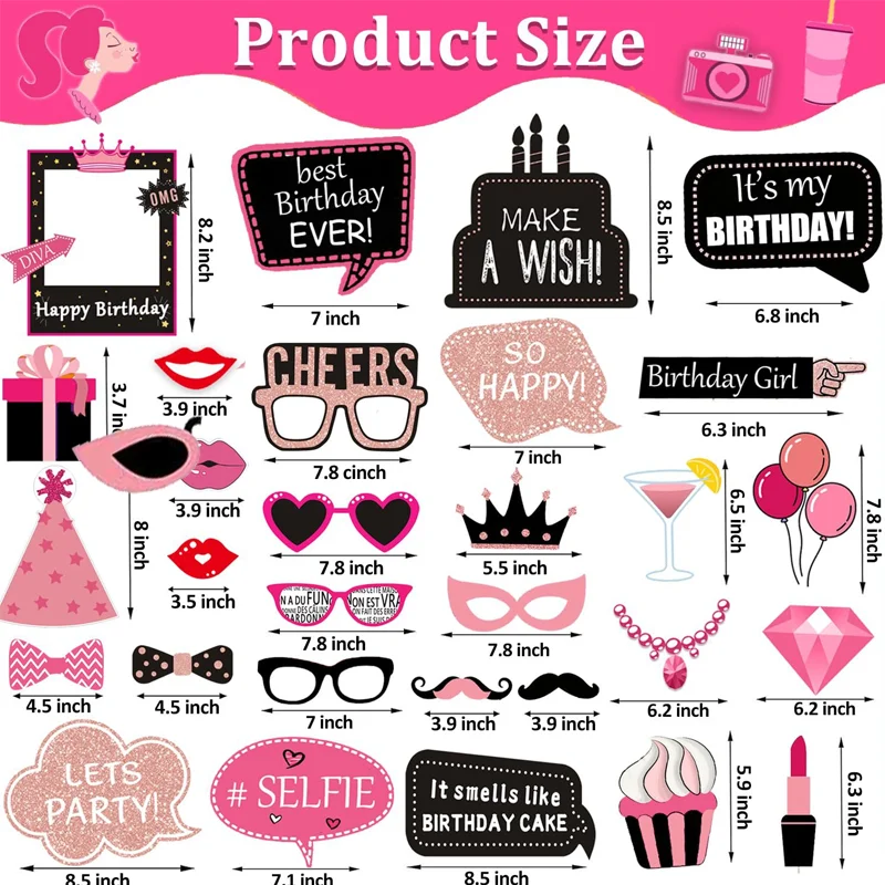 Rose Gold Glitter Birthday Photo Booth Props - Sparkling Party Decorations and Selfie Accessories