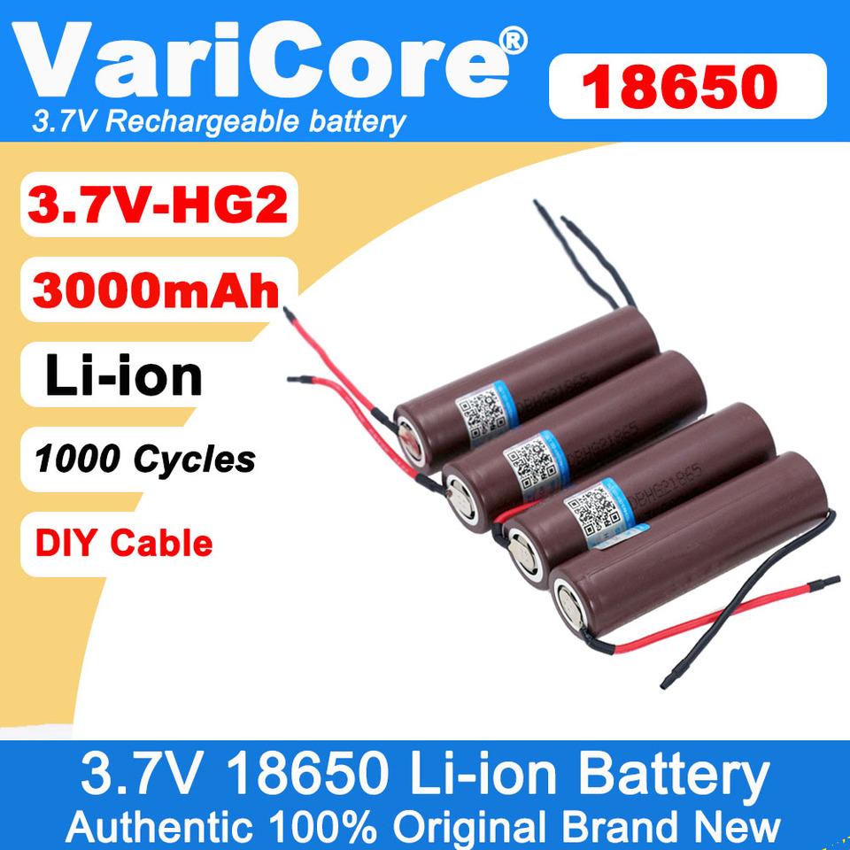 VariCore new HG2 18650 3000mAh Rechargeable battery 18650HG2 3.6V discharge 20A, dedicated batteries+DIY Silica gel Cable