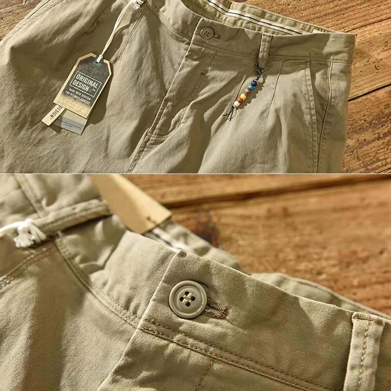 HIQOR Brand Spring Autumn Men Cotton Vintage Solid Color Cargo Pants Fashion Beading Design Streetwear Pant