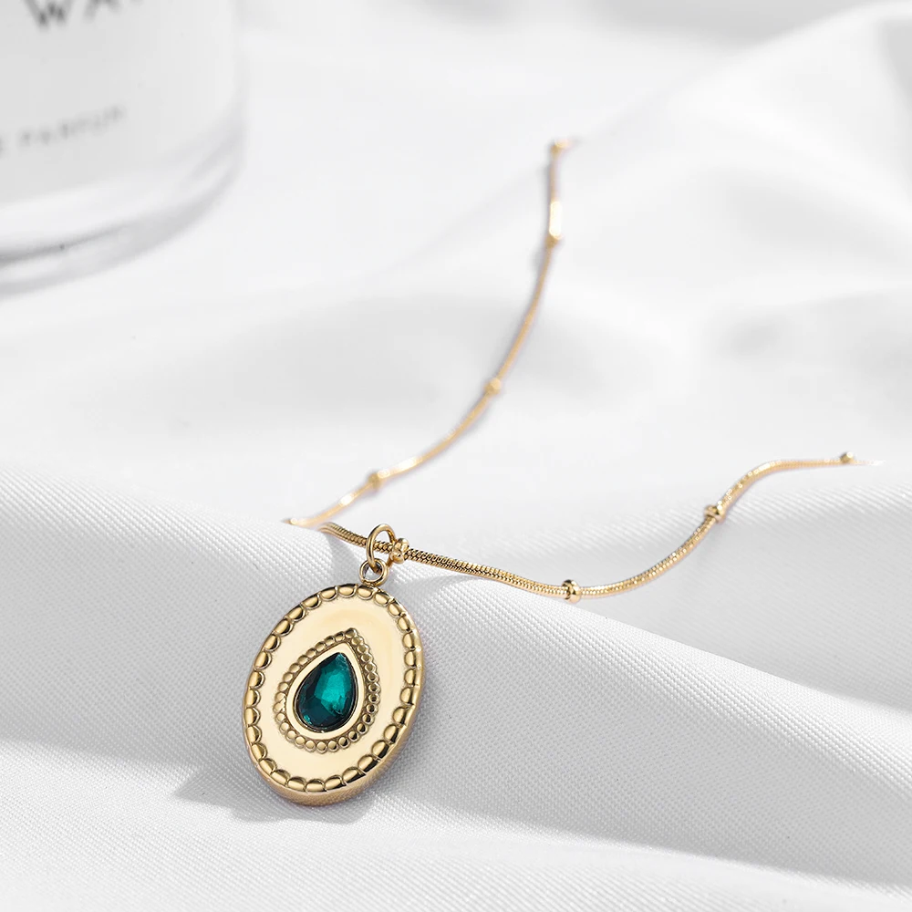 New Vintage Green Crystal Geometric Square Heart Necklace Collar for Women Link Chain Chokers Stainless Steel Jewelry