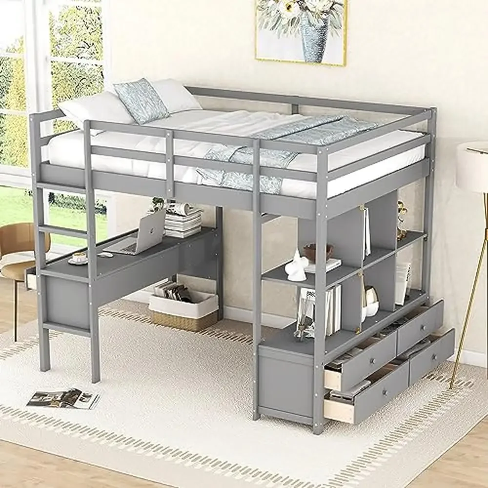 Full Size Loft Bed with Desk Storage Drawers Shelves Multifunctional High Loft Beds Kids Crafted Pine Wood Ladder Classic Design