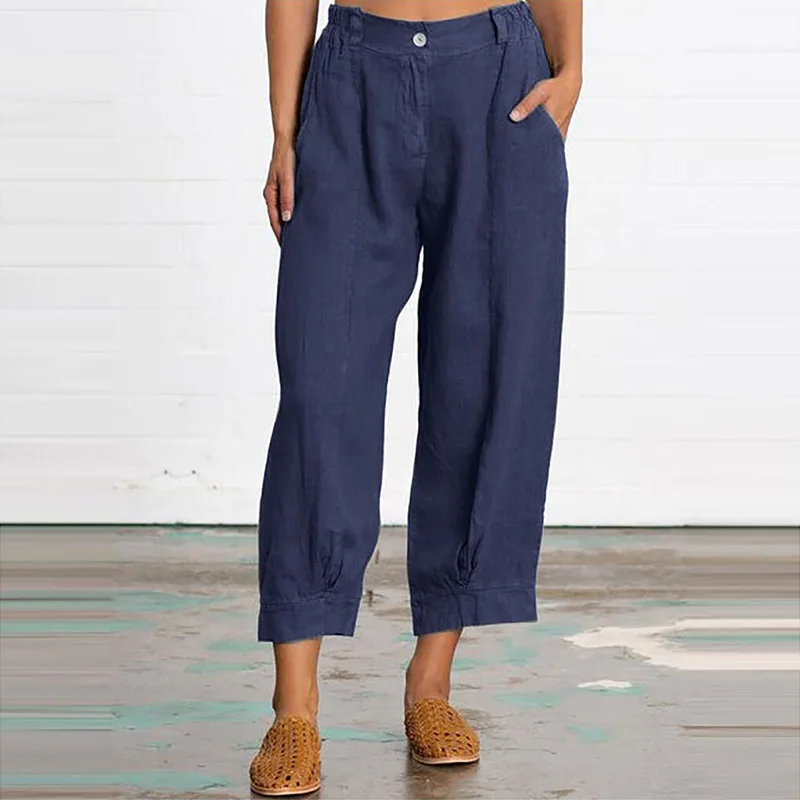 Casual Solid Color Nine-point Pants Button Patchwork Pockets Mid Waist Summer New Loose Large Size Grey Straight Trousers Women