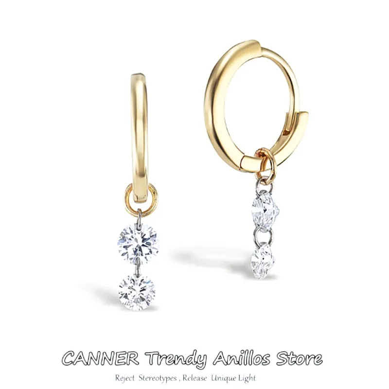 

CANNER 925 Sterling Silver Double Zircon Drop Small Hoop Earrings for Women Shiny Crystal Pendant Dangles Earrings Fine Jewelry