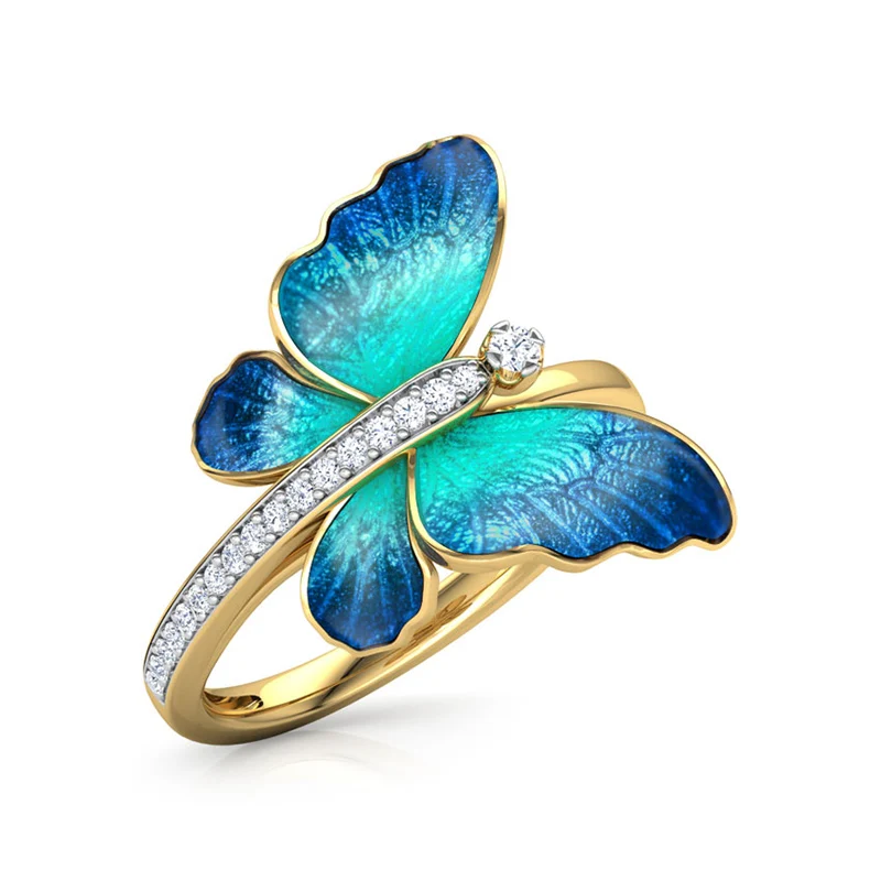 Fashion Deep Sea Blue Butterfly Rings Delicate Hollow Circle Round