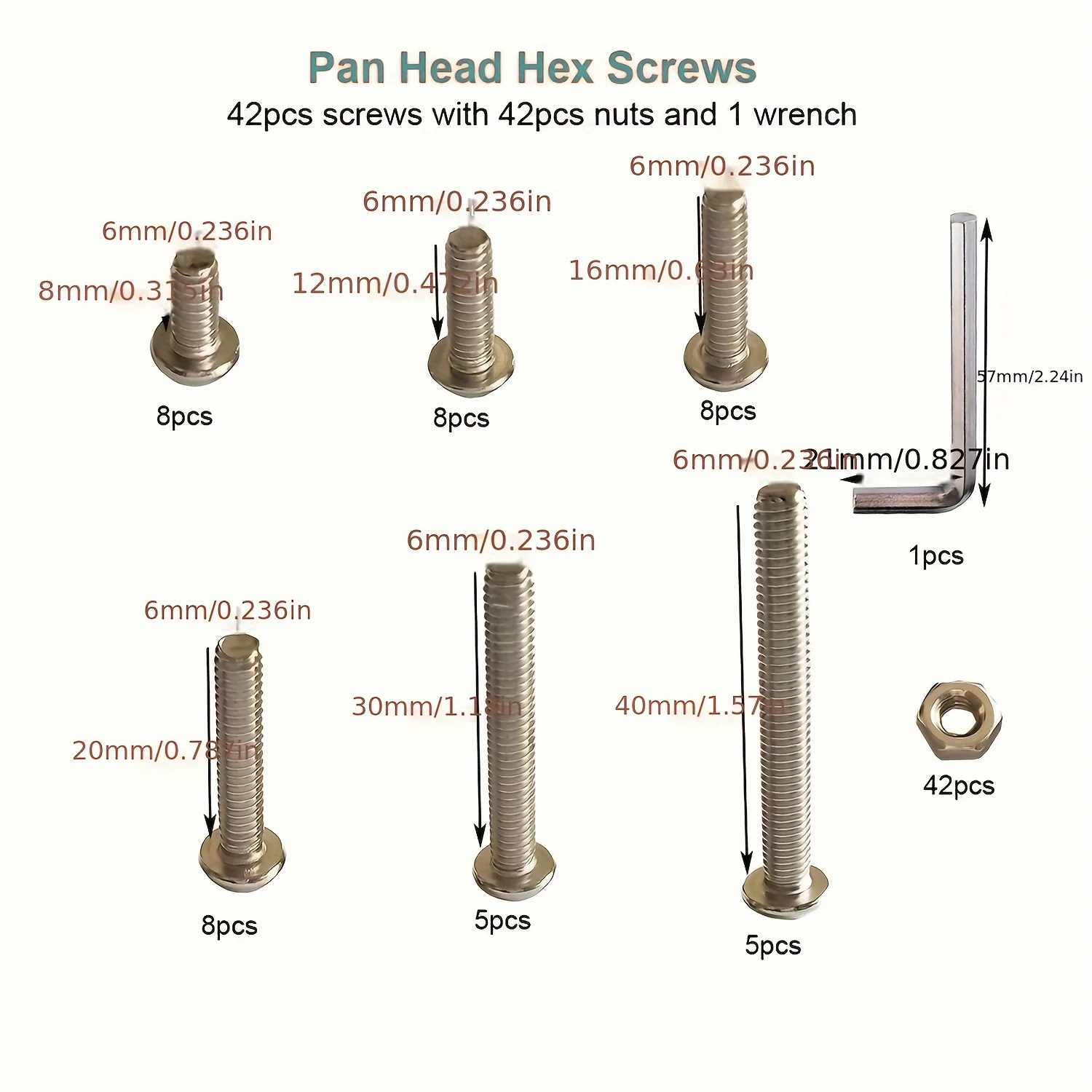 84Pcs M6 x 8mm,12mm,16mm,20mm,30mm,40mm Hex Pan Head Cap Bolts Nuts Screws Assortment Set 304 Stainless Steel Allen Socket