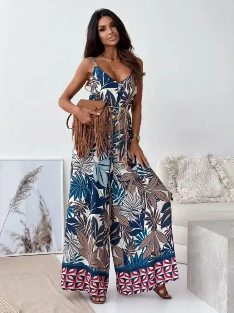 New Casual Autumn V-neck Camisole Printed Women's Jumpsuit Pants Fashionable Women's Clothing 363