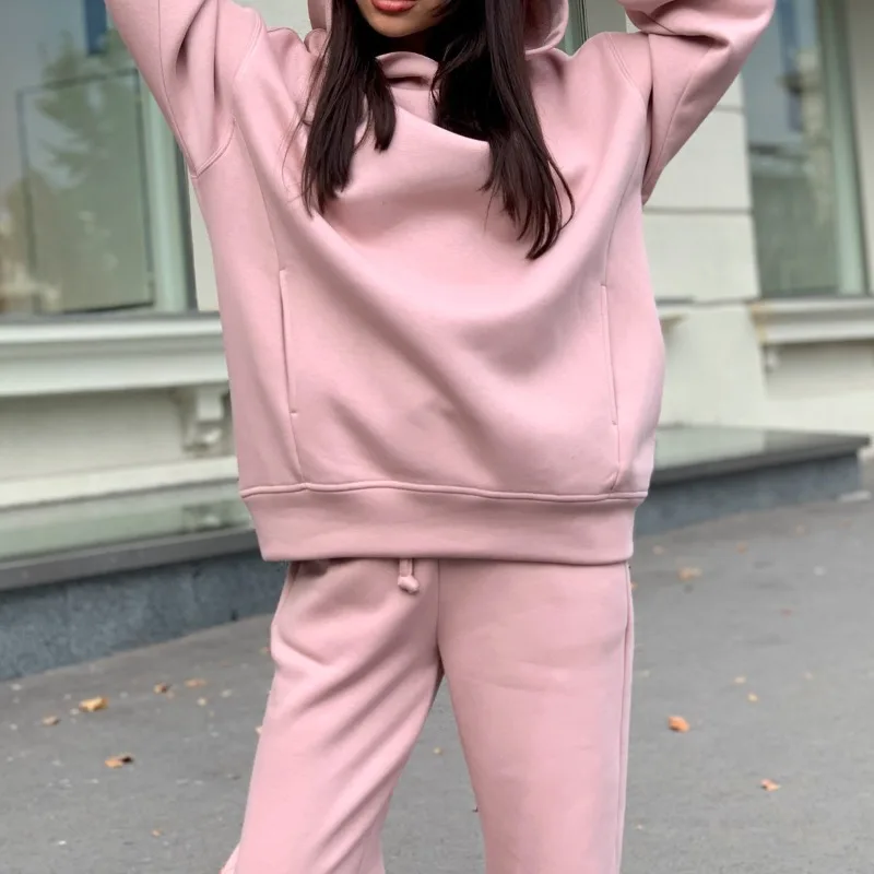 Autumn and Winter Women's Pullover Hooded Solid Lantern Long Sleeve Hoodies Elastic High Waist Drawstring Pants Casual Set