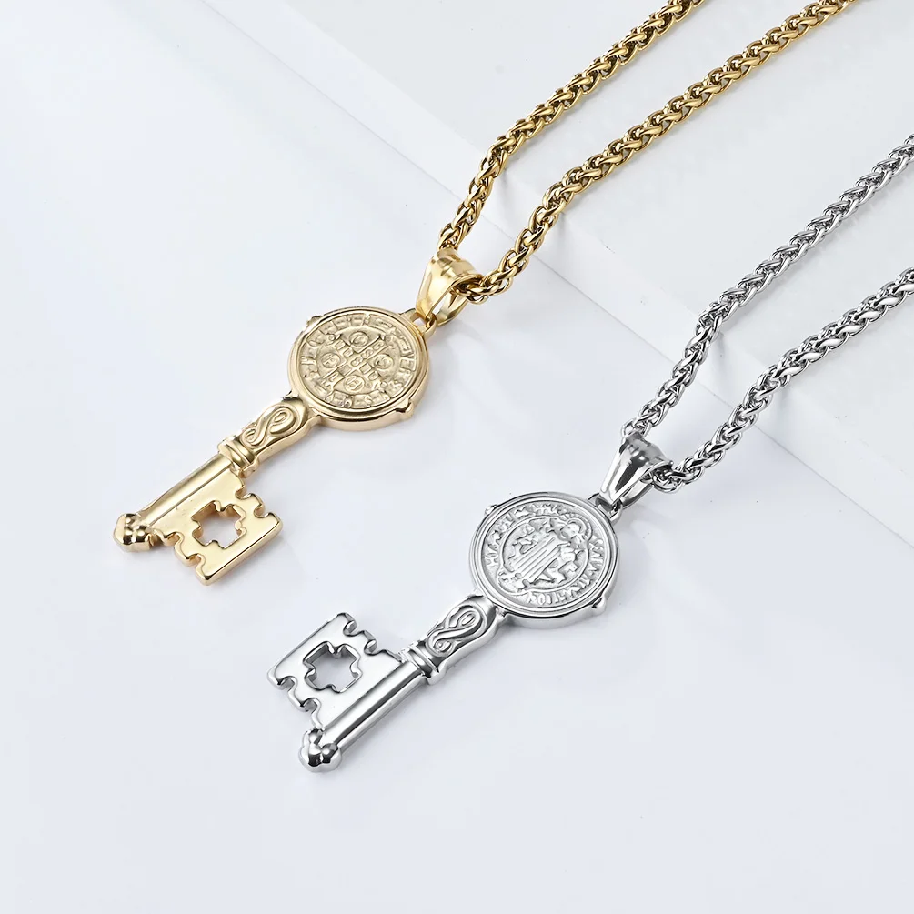 

JHSL Men Christian Saint Benedict Key Design Pendants Necklace Stainless Steel Chain Fashion Jewelry Silver Color Wholesale