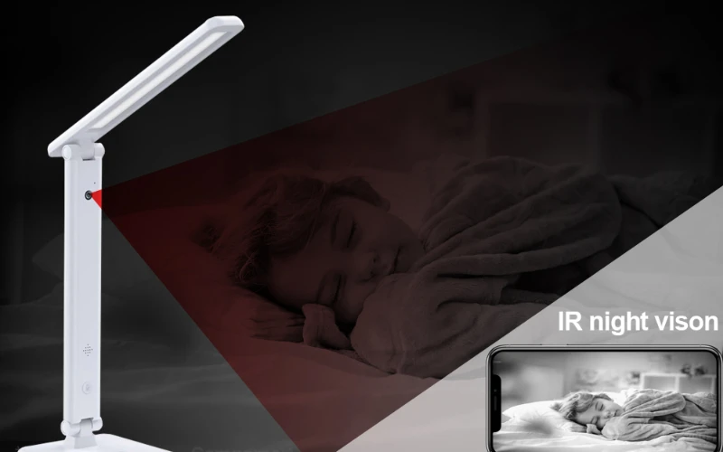 Introducing the SpyCam Desk Lamp - a versatile bedside lamp that doubles as a remote monitor. This innovative smartphone-compatible lamp features a charming picture of a sleeping child, and supports night vision that you can see clearly at night.