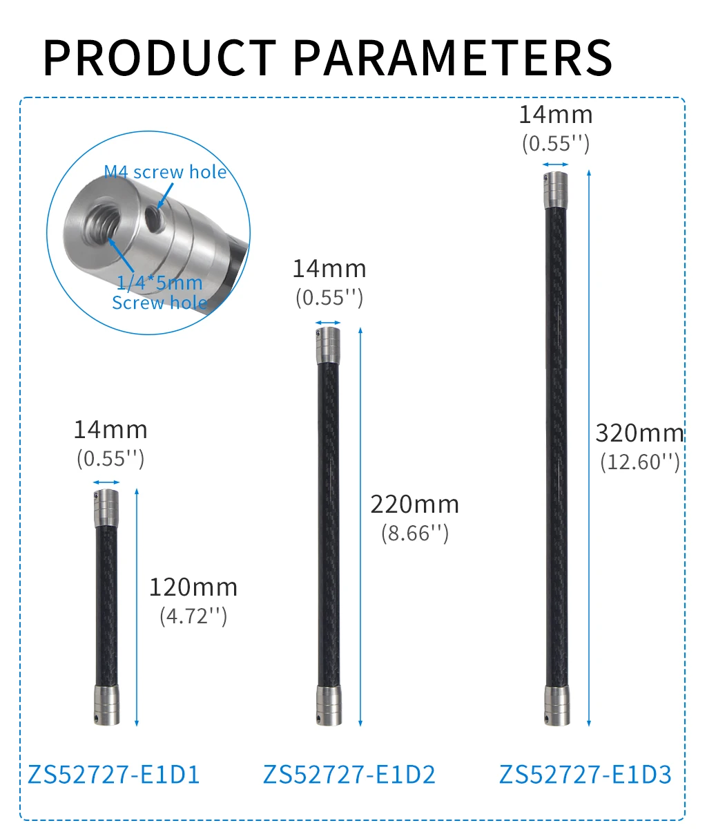 Carbon Fiber Extend Pole 1/4 Selfie Stick 12mm Invisible Rod for Gopro DJI OSMO