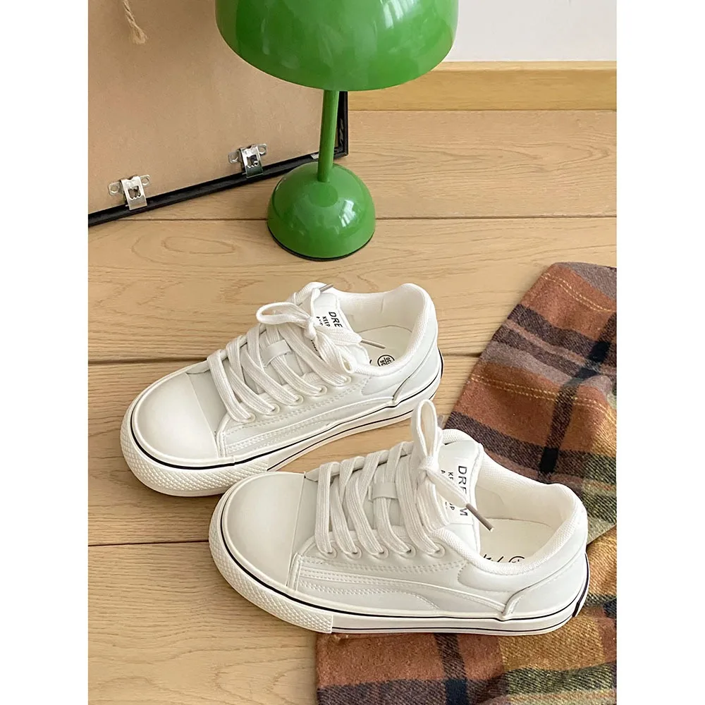 Thick Soled Leather Women Canvas Shoes 2024 New Spring Women Casual Board Shoes Instagram Trend Top Women's Shoes 24-173