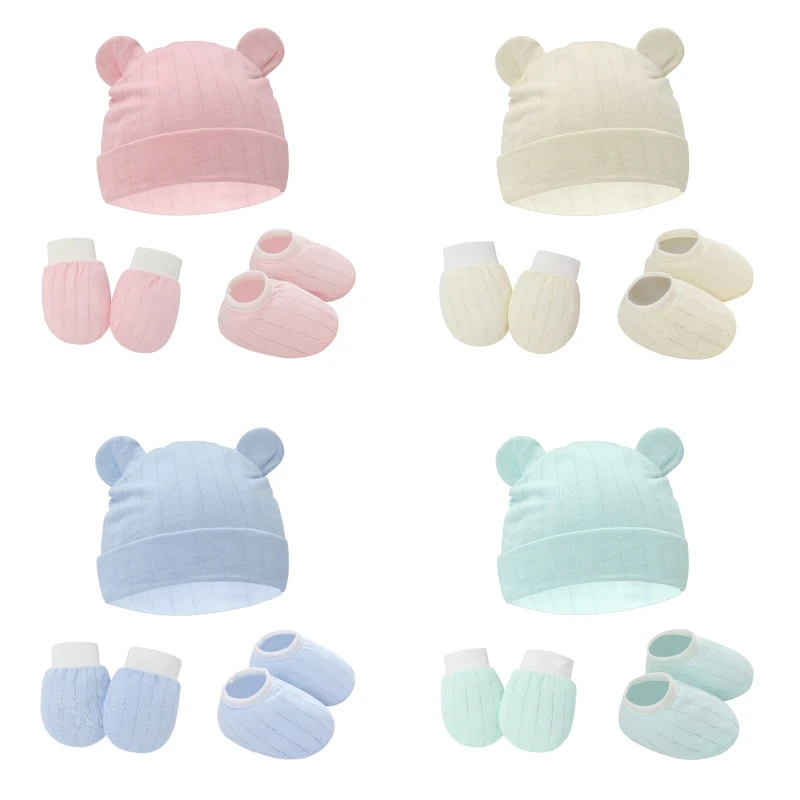 

RIRI 1Set Baby Anti Scratching Gloves Cute Ears Hat Foot Cover Set Soft Cotton Mitten