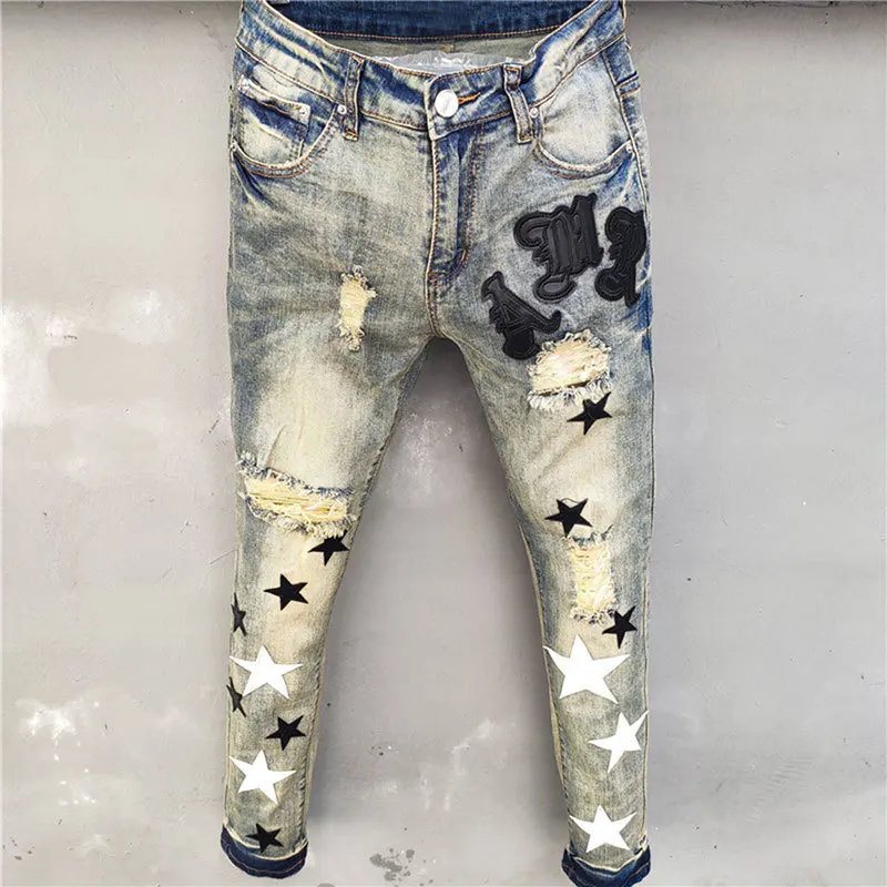 Men Jean Hole Patch Ripped Jeans Stretch Pencil Pant Streetwear Elastic Hip Hop Star Pattern Jean men jeans ripped jeans ripped patchwork jeans