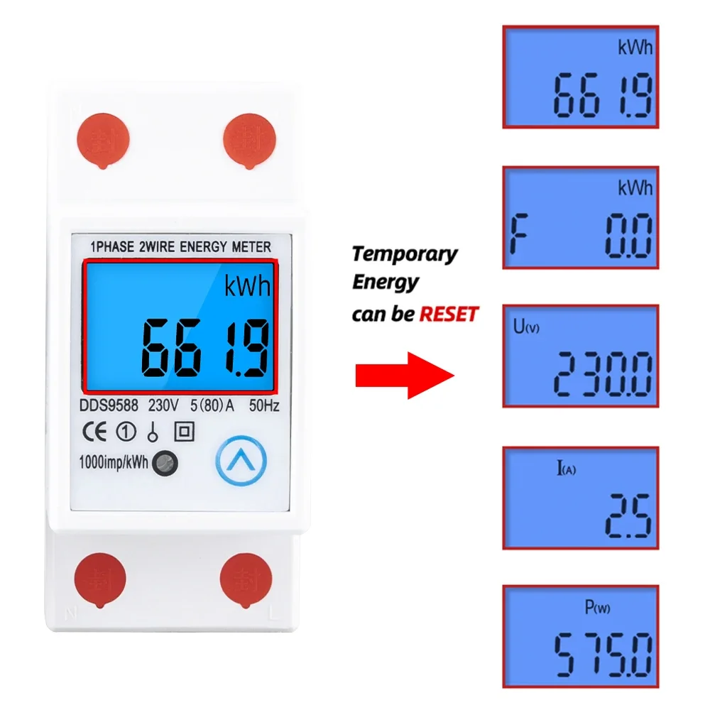 Smart Single-Phase Meter 220V DIN-Rail Electricity Energy Meter Digital 1 Phase 2 Wire 4P Electric Meter Electronic KWh Meter Power Consumption Monitor Multimeter With Digital Display (20(80) A