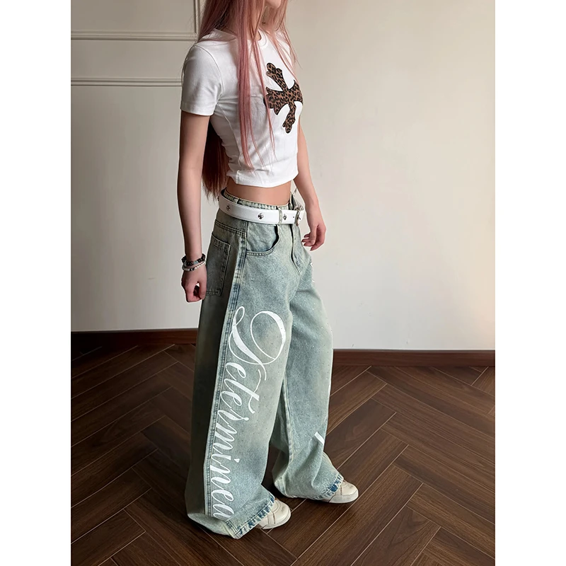 YIBASHU Women Vintage Blue Y2k Baggy Jeans Harajuku Letter Print Denim Trousers Streetwear Japanese 2000s Oversize Jeans Pants 4