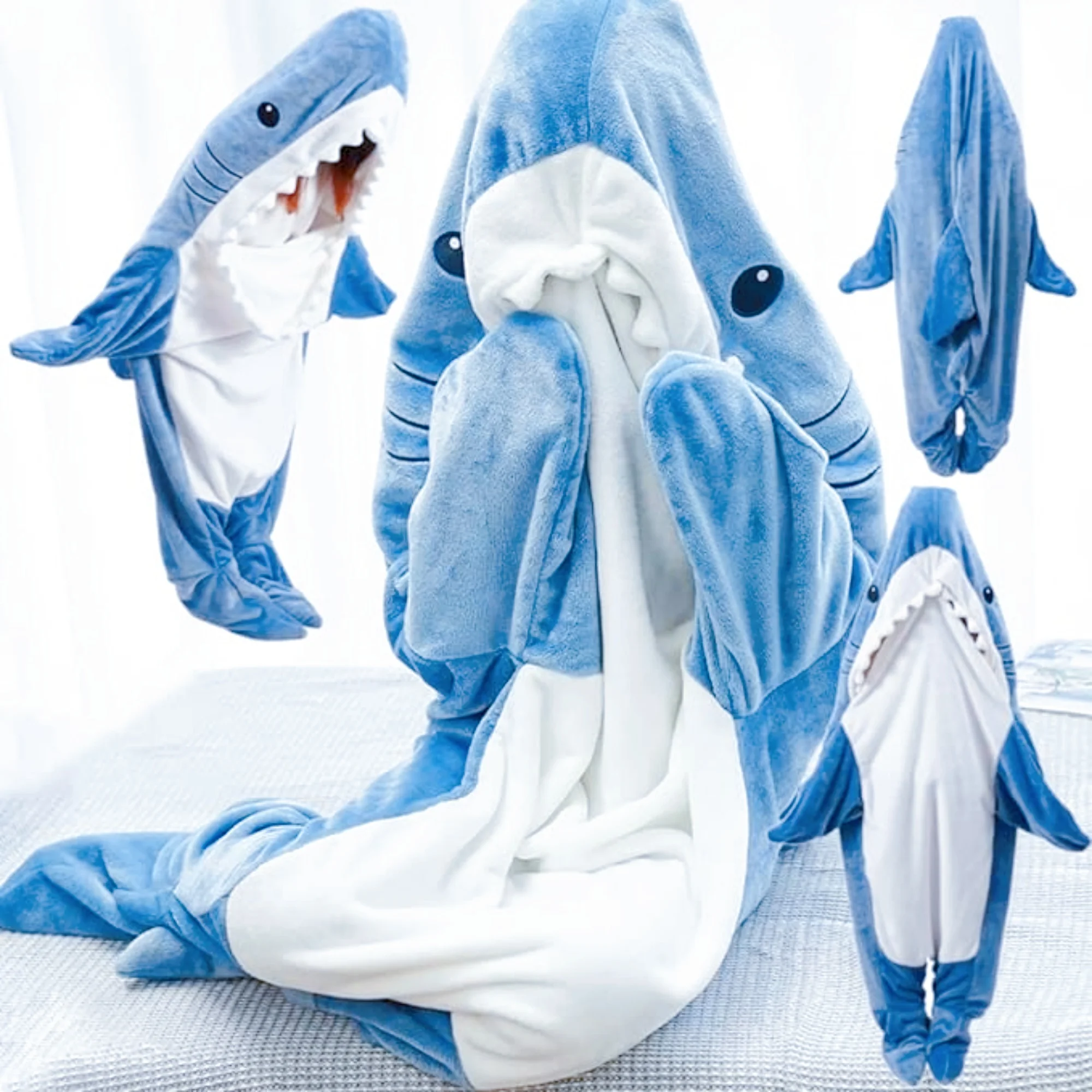Cartoon Shark Pajamas Playsuit Kids Parents Hooded Warm Flannel Blanket Pajamas Homesuit Funny Homewear For Slumber Party Children Pajama Set