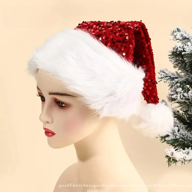 New Christmas Hat Decorations Double-layer Sequin Plush Adult Children Enlarged Thick Long Plush Head Cover Xmas Atmosphere