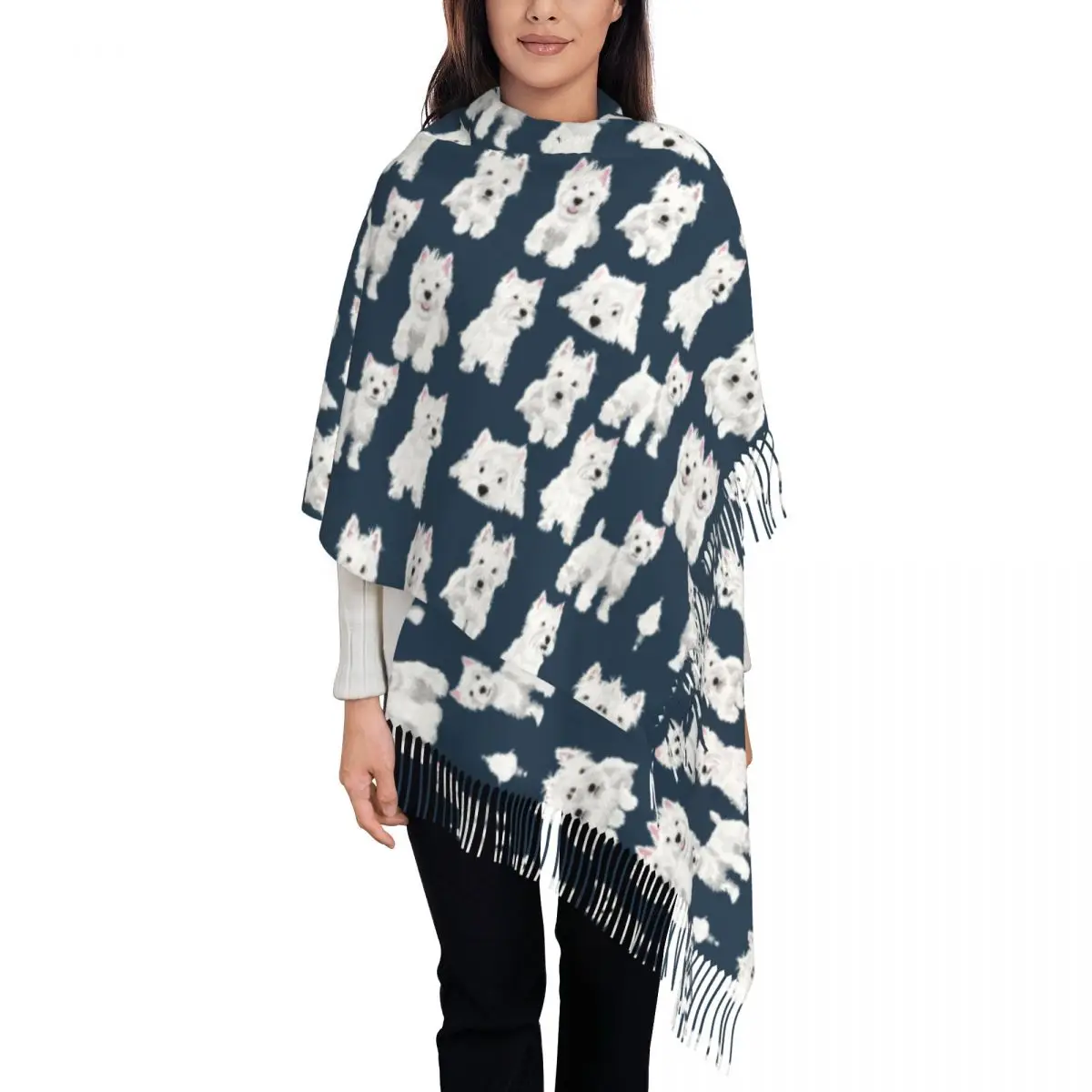 

Lady Large West Highland White Terrier Dog Scarves Women Winter Thick Warm Tassel Shawl Wraps Cute Westie Puppy Scarf
