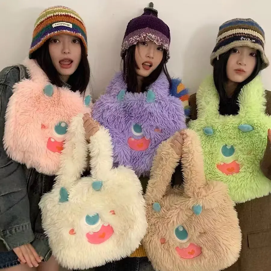 

Fashion Women Faux Fur Tote Bag Solid Color Ladies Underarm Shoulder Bags Trendy Winter Autumn Soft Fluffy Plush Handbags