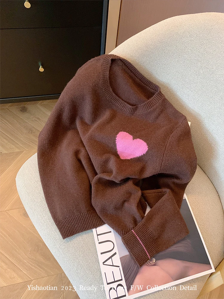 

2023 Women Autumn Winter Brown Color Vintage Knitwear Jumper O-Neck Loose Long Sleeve Daily Knitted Pullover Heart Print Tide